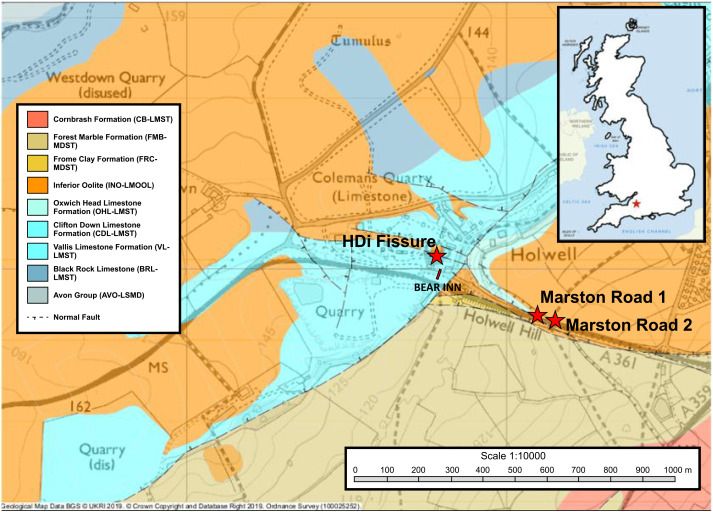 Geological map of the Holwell Quarries with the position of the HDi fissure sampled here, as well as the two nearby localities of bedded Rhaetian Marston Road 1 (Nordén et al., 2015) and Marston Road 2 (Whiteside and Duffin, 2021).