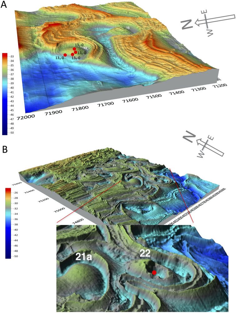 A. View towards east of CS 13 illustrating exhumed, dome-shaped, circular structure truncated by fault on north-west margin. Sample locations illustrated with red dots. Scale from 100 m spaced grid (depth scale in m). B. View towards northeast of CSs 21a and 22 in southeasterly dipping strata cut by N trending faults. Single sampled location (red dot) in eroded out core of dome-shaped structure CS 22 (depth scale in m and 200 m spaced grid).