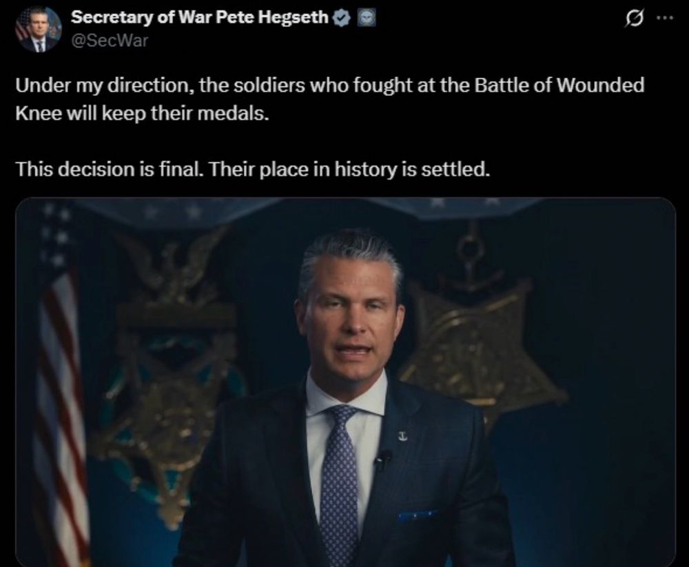 Photo of a Twitter post from the SecDef that soldiers at the Battle of Wounded Knee will keep their medals. 