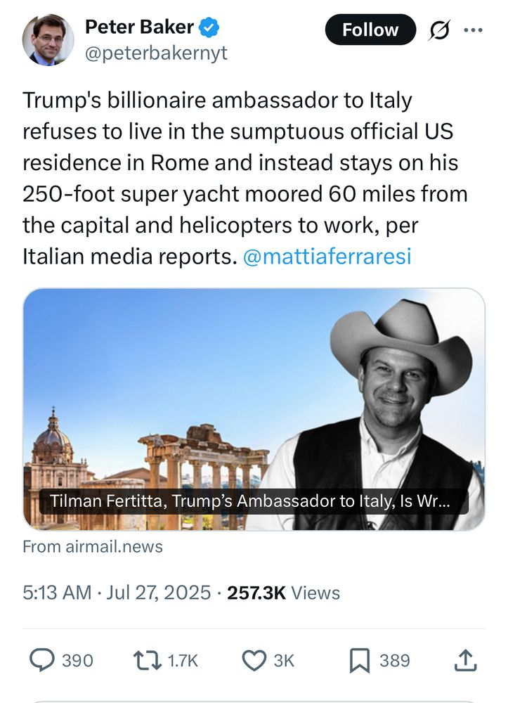 Tweet that the Italian ambassador doesn’t stay in the absolutely swanky ambassador’s home but instead stays on his super yacht and helicopters in. Great news for climate change … 😩