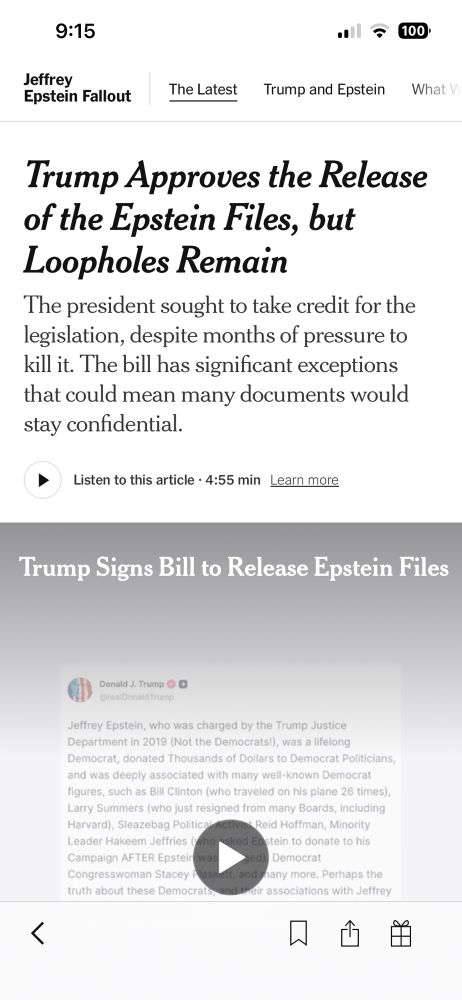 NYT headline that Trump signed the Austin files bill but with so many exceptions much will remain redacted. 