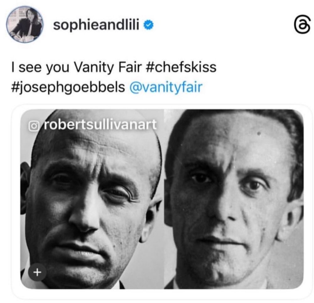 Picture of a Thread with a picture of Stephen Miller in black and white with a similar photo of Joseph Goebbels next to it. Eeerily similar. 