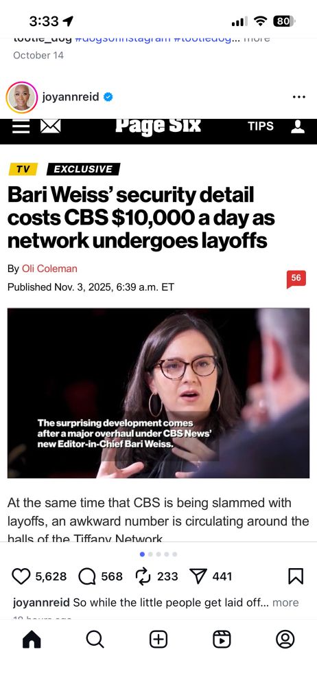 Picture of a headline that security for Bari Weiss costs $10k a day as she lays off and camels CBS talent. 