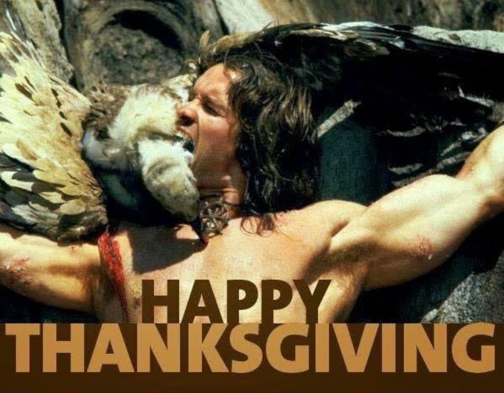 Picture of Schwarzenegger from the Conan movies eating a large eagle. 