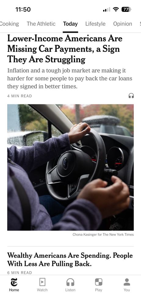 Two headlines from the NYT about low income Americans missing car payments and another about wealthy people spending more. 