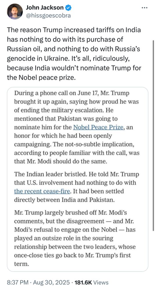 Analysis of a NYT story that Trump called the leader of India to suggest nominating Trump for the Nobel Prize. 