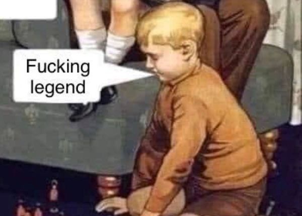 Picture of a young boy with the word bubble “Fucking legend.”