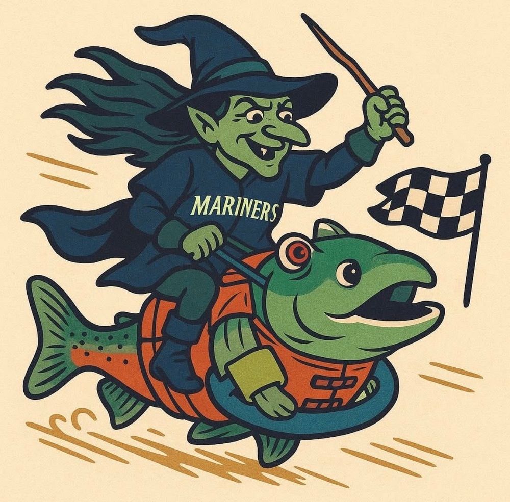 Picture of a witch in a mariners jersey riding a salmon across the finish line 