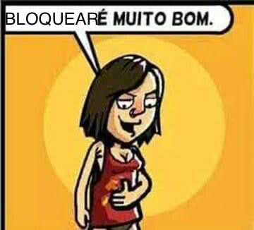 Meme com uma mulher com a mão na barriga, que originalmente tinha um texto “Abortar é muito bom” mas que foi editado para estar escrito “Bloquear é muito bom”