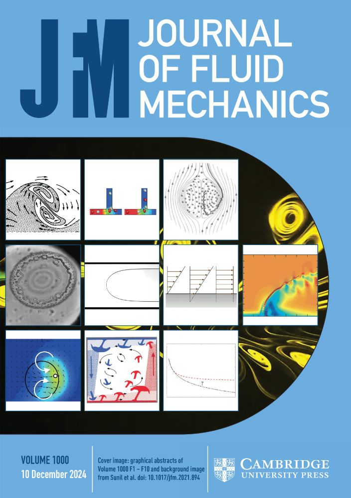 Cover of "Journal of Fluid Mechanics," Volume 1000, published by Cambridge University Press on 10 December 2024. The cover features a collage of various graphical abstracts, including flow diagrams, simulations in different colors, and experimental setups related to fluid dynamics studies.