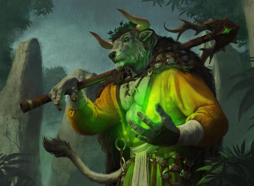 A minotaur druid rests a staff against his shoulder while holding an orb of green magic in one hand.