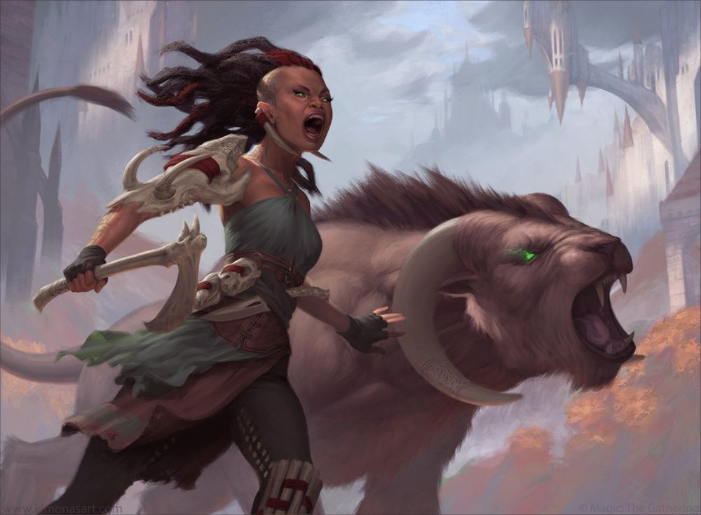 Gruul Beastmaster, by Kimonas Theodossiou © Wizards of the Coast LLC

A woman dressed in hides and wielding an axe stands alongside a horned cat-beast-thing.