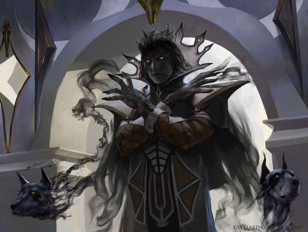 Author of Shadows by Alex Brock, © Wizards of the Coast LLC

A gray-skinned shadowy wizard summons dogs made of black mist.
