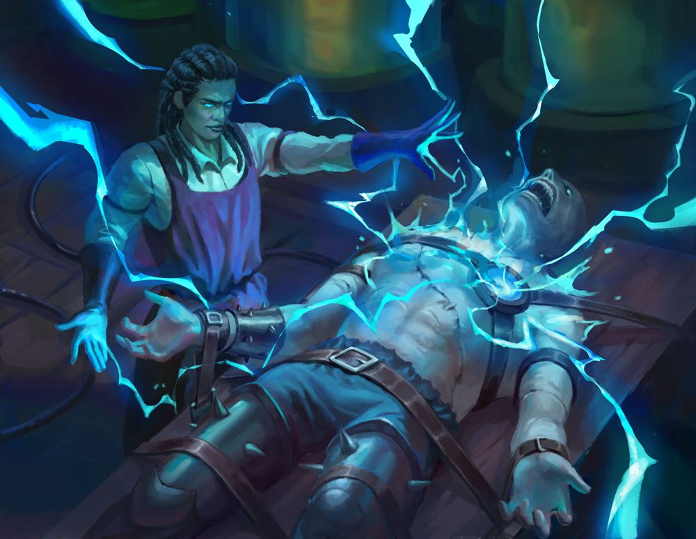 A mad-scientist necromancer reanimates a body with electrical power.