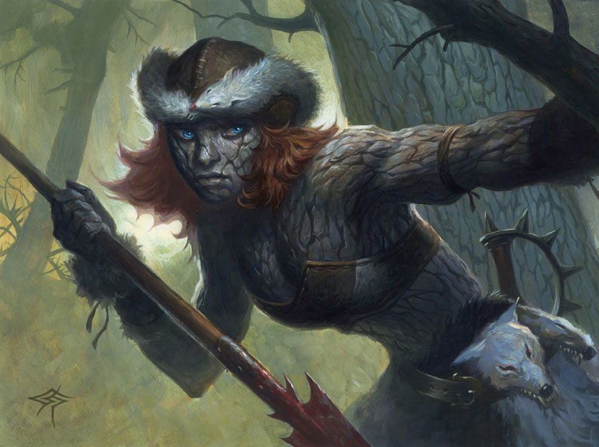 A ranger with bark-covered skin stalks through a primeval forest

Ranger's Guile, by Steve Prescott © Wizards of the Coast LLC
