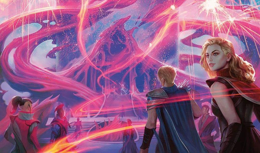 Two young wizards walk into an academy underneath a screen of brilliant fireworks.

Explosive Welcome, by Mathias Kollros © Wizards of the Coast LLC