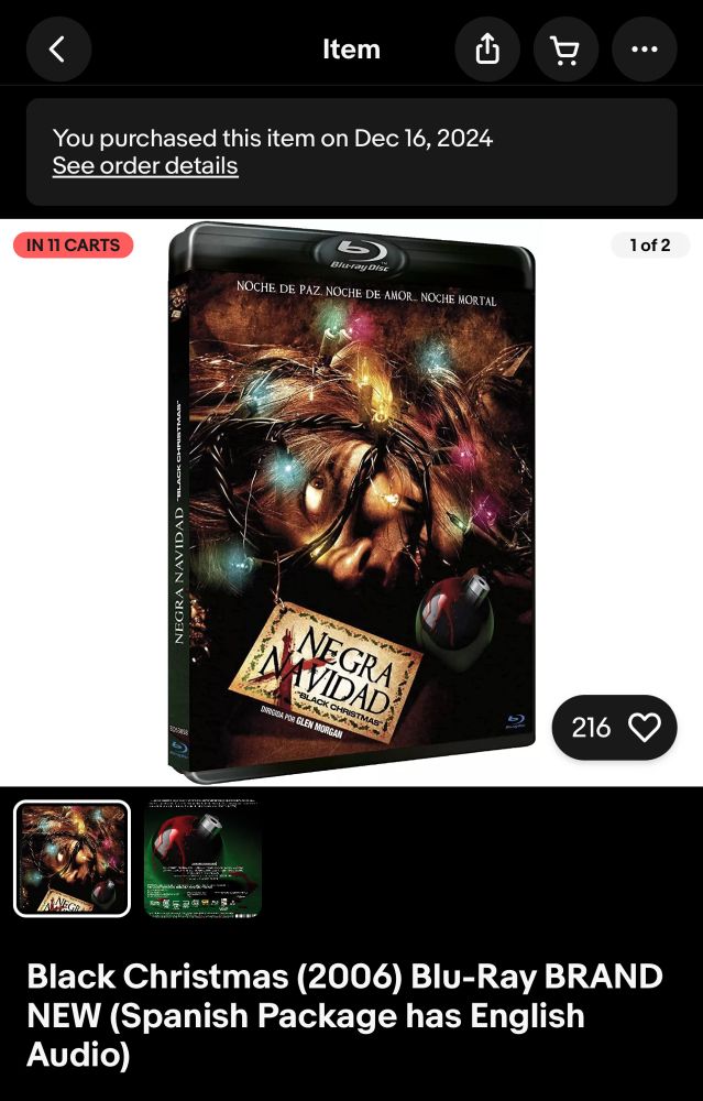 A screenshot of an eBay purchase I just made of the Black Christmas (2006) Spanish blu-ray release. 