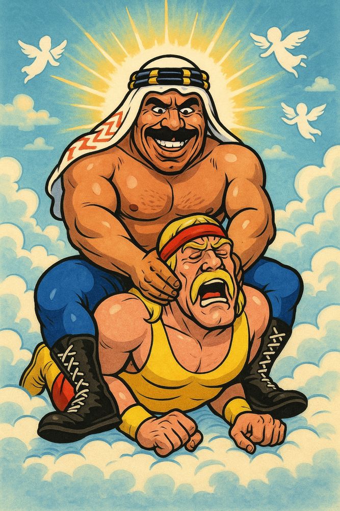 The Iron Sheik putting Hulk Hogan in the camel clutch, breaking his red and yellow jabronie back, making him humble, in heaven.