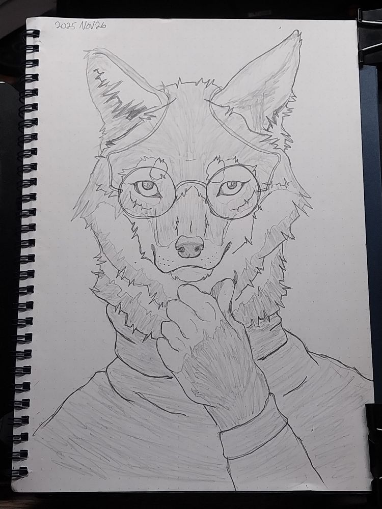 Pencil sketch of an anthro wolf head wearing glasses and a turtleneck with a clenched hand to his chin to resemble the iconic Steve Jobs photo.