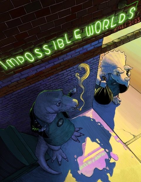 Impossible Worlds issue 3 cover: a t rex on smoke break behind a restaurant, a triceratops bringing trash to the alley 