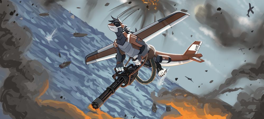 a digital painting of an airplane dragon flying through an aerial battlefield. the ocean and sky are diagonal to the viewer. smoke and debris fills the air. the dragon carries a gatling gun that is strapped to his torso
