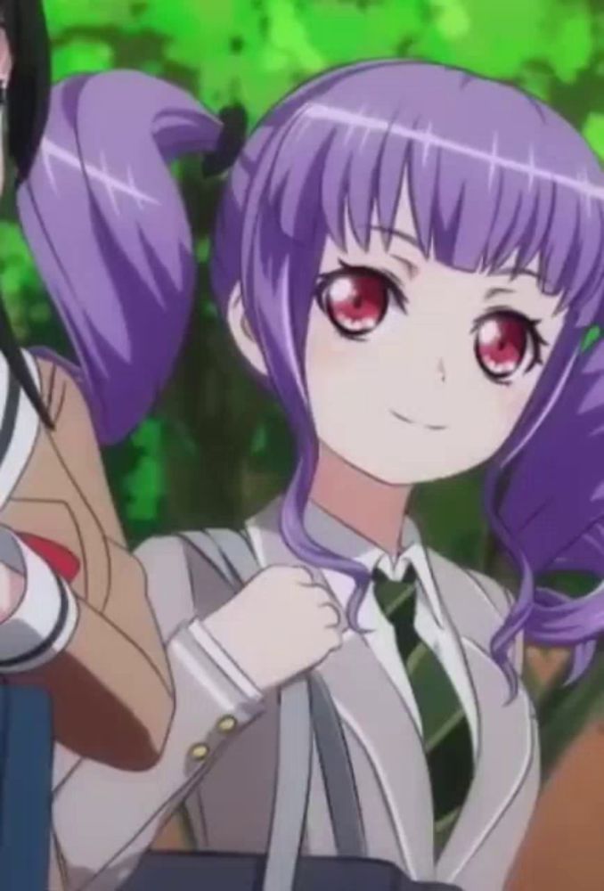 a girl with purple hair and red eyes wearing a suit and tie