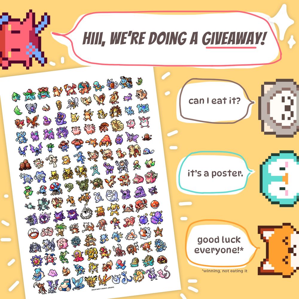 A giveaway graphic - the Calamori Designs mascots are announcing a giveaway of a pixel art Kanto Pokemon poster