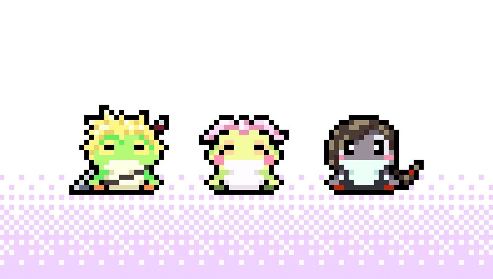 Cute pixel art of frog/toad versions of Cloud, Aerith and Tifa from Final Fantasy VII Remake, made in aseprite