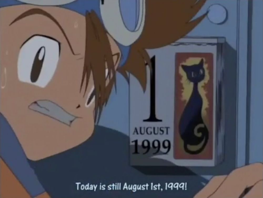 Screenshot from Digimon Adventure anime of Taichi saying "Today is still August 1st, 1999!"