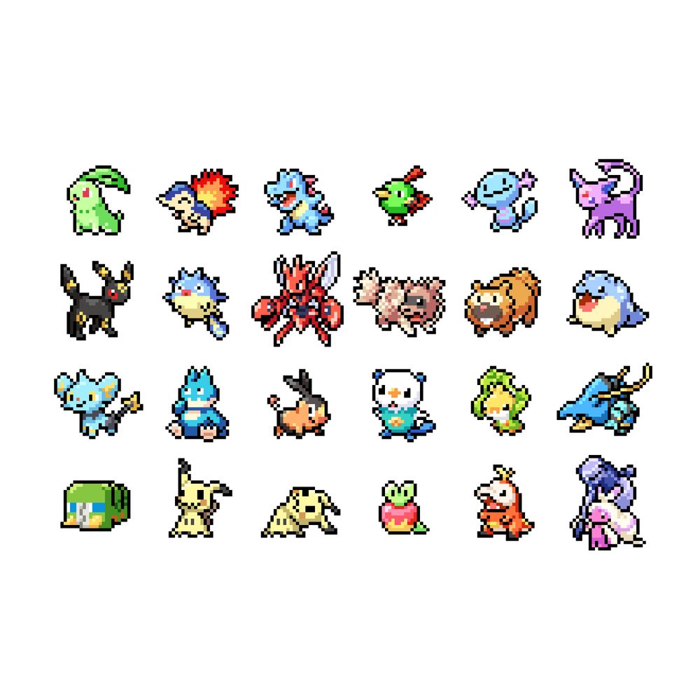 Pixel art Pokemon each drawn within 32x32: Chikorita, Cyndaquil, Totodile, Natu, Wooper, Espeon, Umbreon, Qwilfish, Scizor, Zigzagoon, Bidoof, Spheal, Shinx, Munchlax, Tepig, Oshawott, Sewaddle, Clawitzer, Charjabug, two Mimkyus, Applin, Fuecoco, Tinkaton