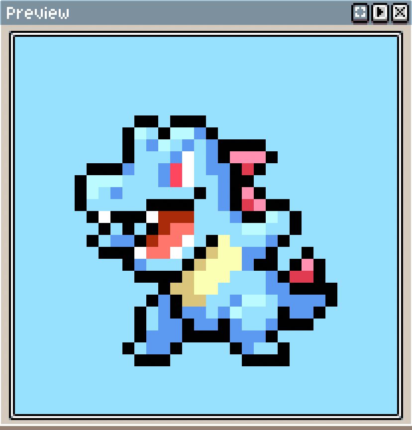 Cute pixel art of Totodile drawn in 32x32 square, framed in Aseprite preview window