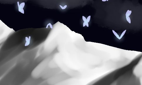 snow mountain with a few blue butterflies