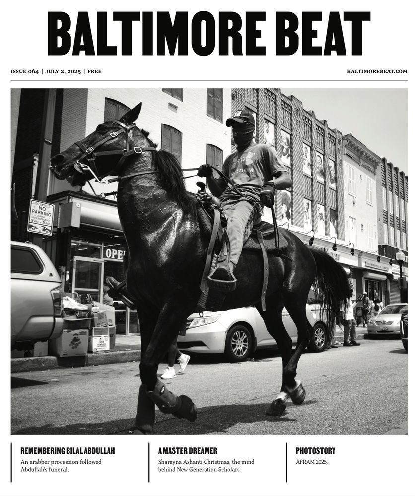 A black and white image of a man riding an arabber’s horse during a funeral procession for Bilal “BJ” Abdullah.