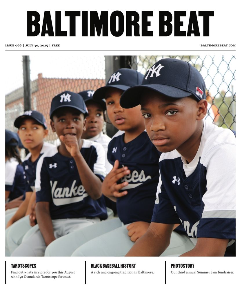 This image is of the cover of Baltimore Beat. It shows a group of young baseball players all in their navy blue and white Yankees uniforms.
