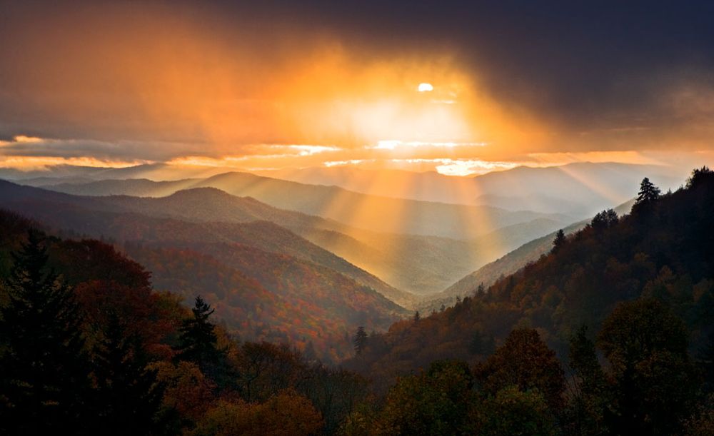 A foggy sunrise at Oconaluftee Overlook in Great Smoky Mountains National Park