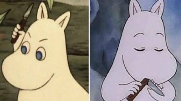 Moomin, personagem que parece um cachorro branquinho de orelha pontuda, ameaçando com uma faquinha e depois recolhendo a faquinha.