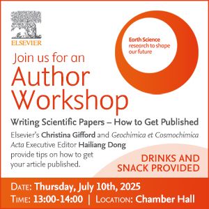 A promotional graphic for a July 10 workshop titled "Writing Scientific Papers – How to Get Published," featuring details about editing, reviews, and increasing publication chances, with drinks and snacks provided, and a registration link.
