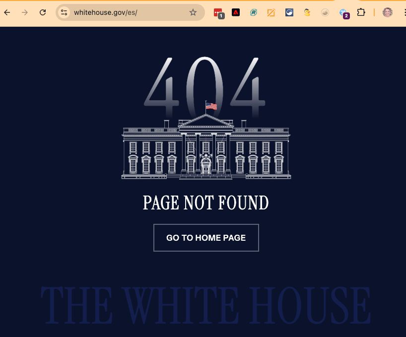 Screenshot of the 404 page from whitehouse.gov/es/, with a “go to home page” button