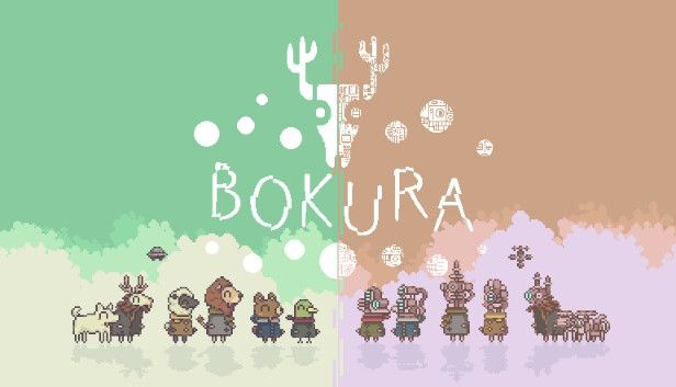 Bokura's title card from Steam showing animal characters on the left, and robots on the right. 