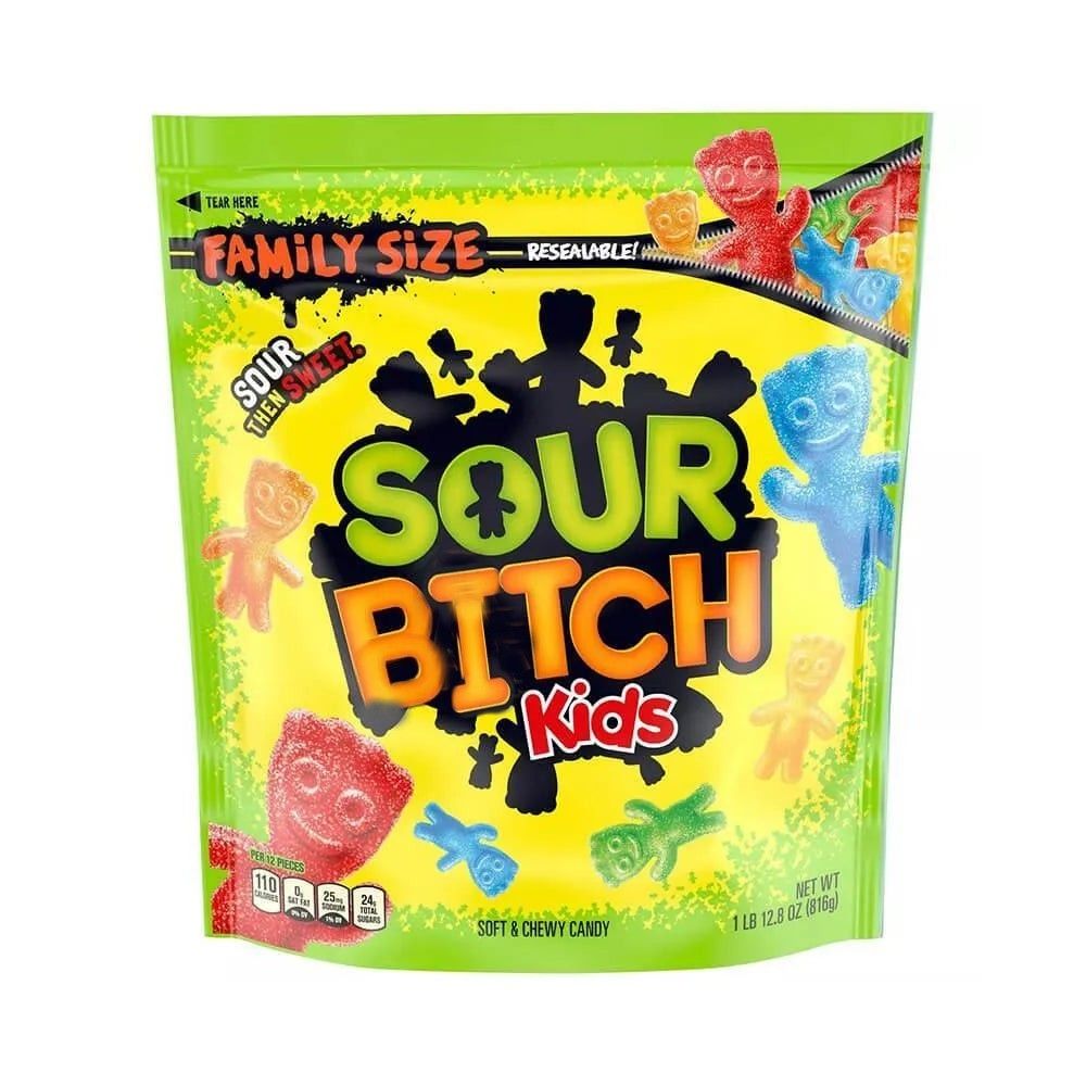 A family size bag of Sour Bitch Kids, an edited photo of Sour Batch Kids 