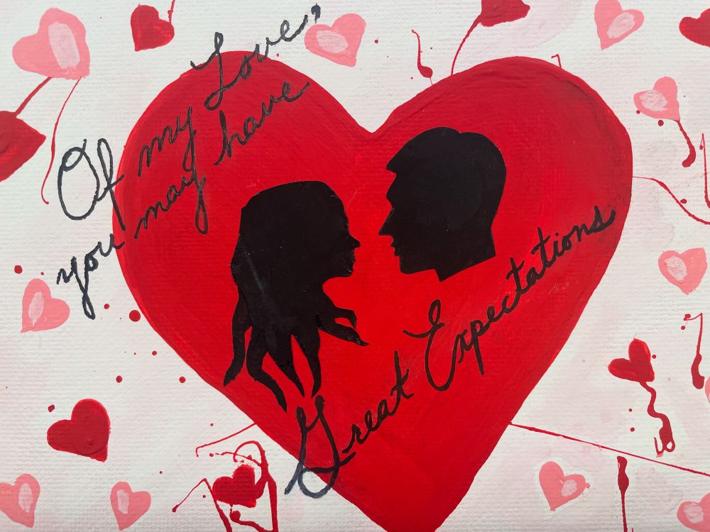 Two black silhouettes of a man and woman in a red heart surrounded by red and pink gears and it says of my love you may have great expectations 