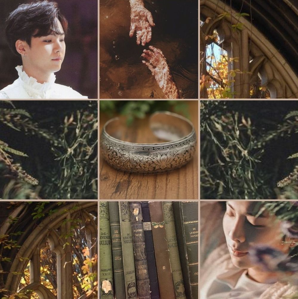 moodboard made up of brown, green and white tones. Depicting Yoongi and Namjoon as well as plants, foliage, architecture, a cuff bracelet and books