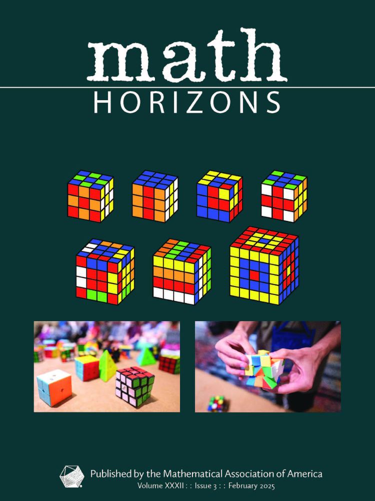Image of February 2025 issue of Math Horizons showing several Rubik's cubes patterns. 