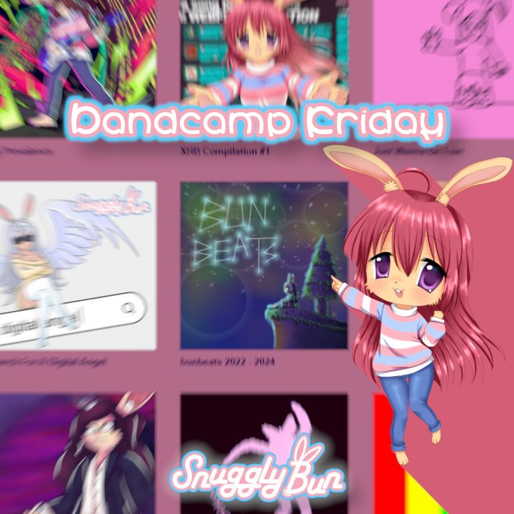 Promo art for my Bandcamp Friday post.
In the background is a screenshot of my Bandcamp page with some blur, then on the front there are three elements.

These happen to be a text that says "Bandcamp Friday" with the colors of the trans flag that's above and in the center, my current artist logo made by Cosmix that says "SnugglyBun" in the below center; and a chibi version of my fursona in the center right, as she points to the Bandcamp page in the background while having an excited look and demeanor