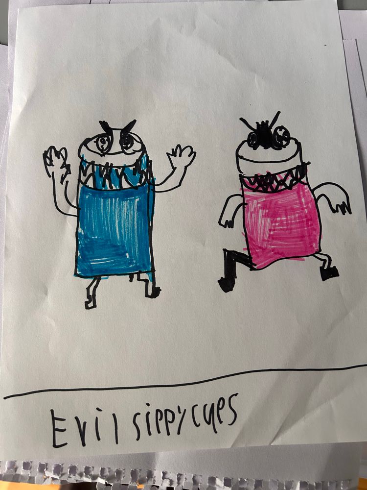 Drawing by a child of two evil sippy cups