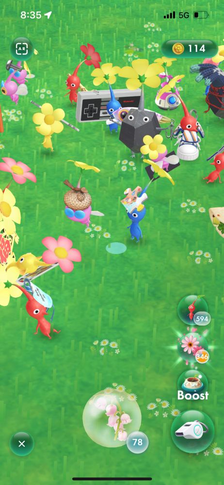 Screen shot of the Nintendo phone game for walking Pikmin Bloom showing my little goober pikmin wandering around