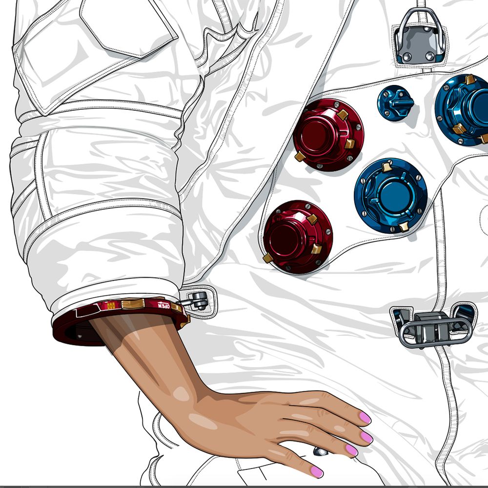 Vector illustration (in progress) of a female astronaut wearing an Apollo A7Lb spacesuit.