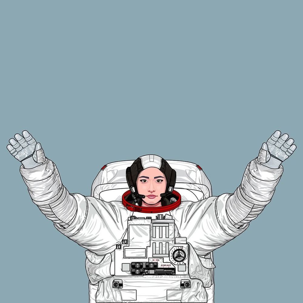 Vector illustration of a Japanese woman wearing an extravehicular activity unit (spacesuit).