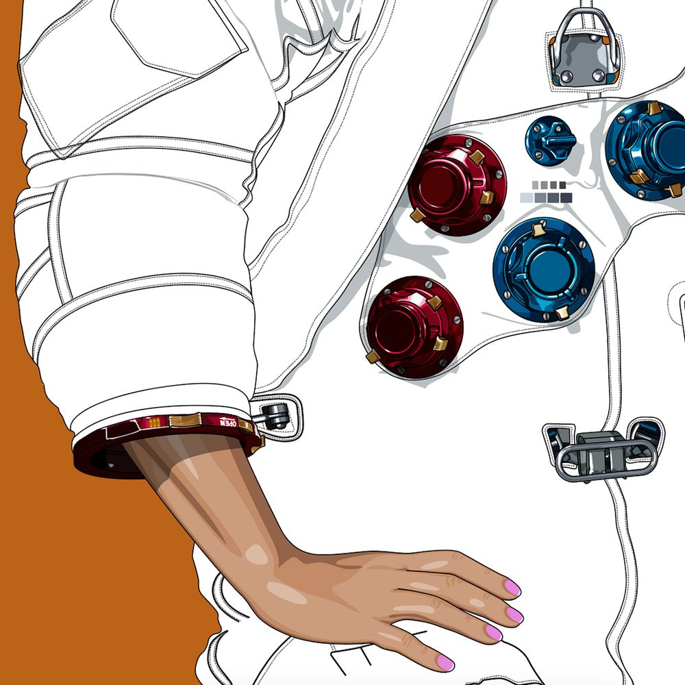 Vector illustration of the right arm and torso an A7Lb suit. Details for a portrait of a female astronaut.