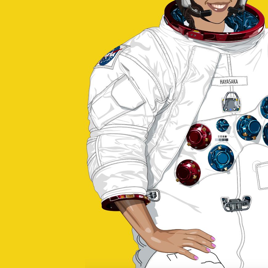 Vector illustration of a woman wearing an Apollo A7Lb spacesuit, in particular the right arm light wrinkles. Details for a portrait of a female astronaut.